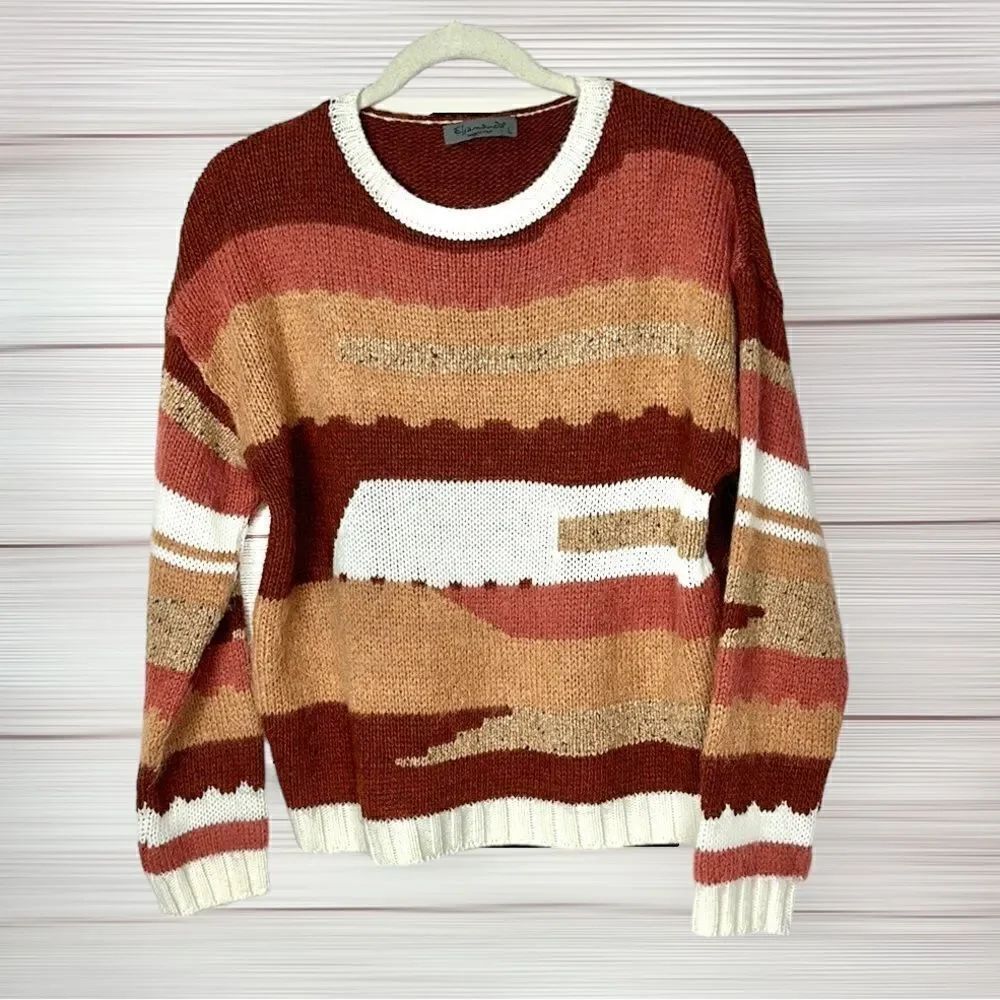 Elsamanda Italy Terracotta Rust White Crew Neck Wool Blend Воху Sweater L